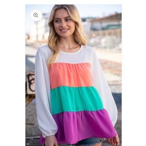 Ivory Peach Mint Purple Crepe Color Block Tiered
Blouse